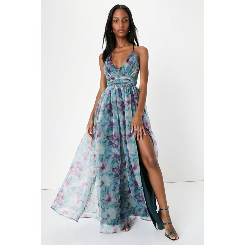 Lulus Romance That Wows Dark Teal Floral Print Organza Maxi Dress Blue - Size XL